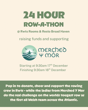 Promotional flyer for a 24-hour row-a-thon event at Rwts Rooms & Resto Broad Haven, supporting Merched Y Mor.